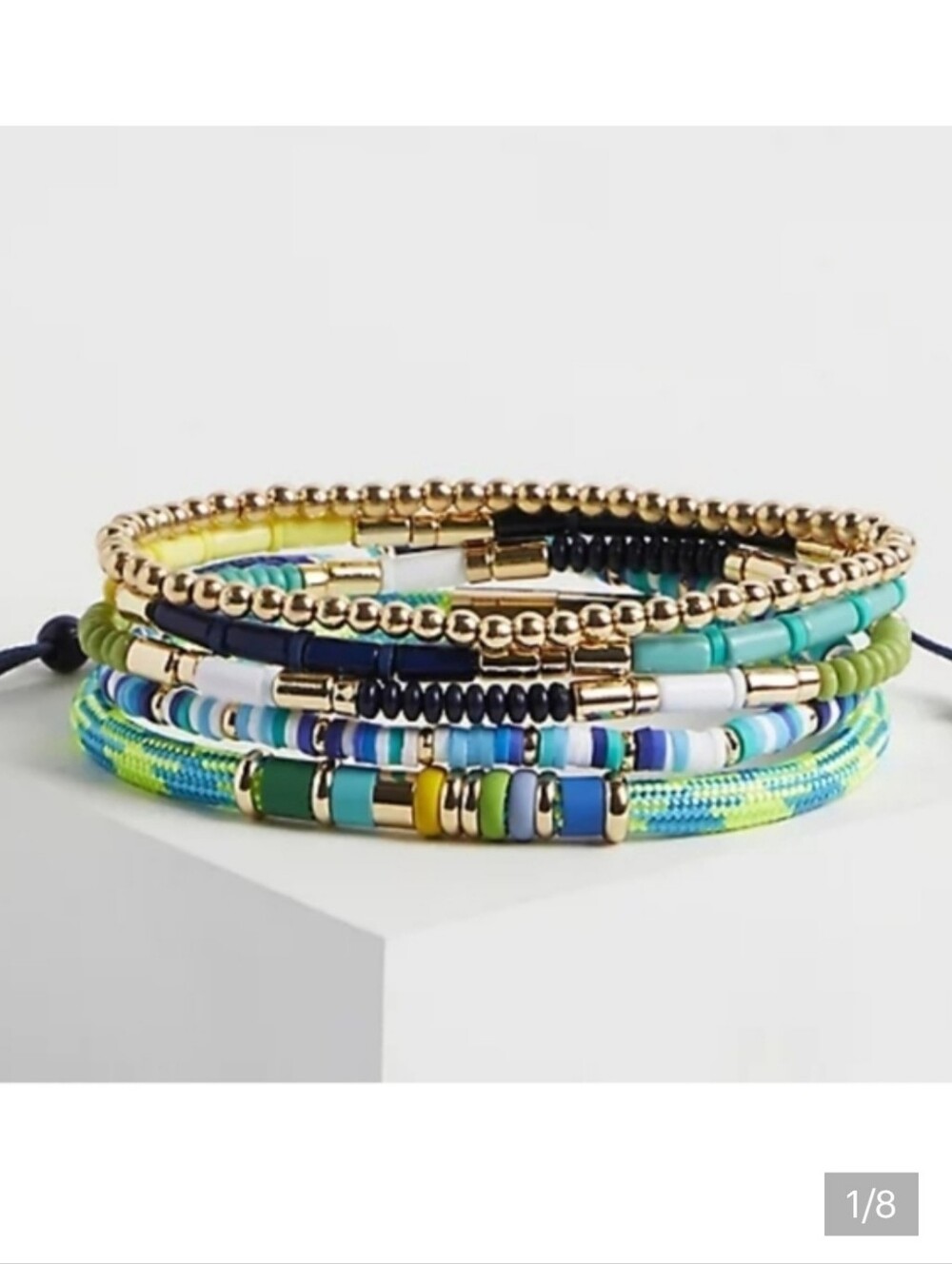 🆕️💚💙 LIME GREEN & NAVY CORD & BEADED BRACELET SET OF 5💙💚